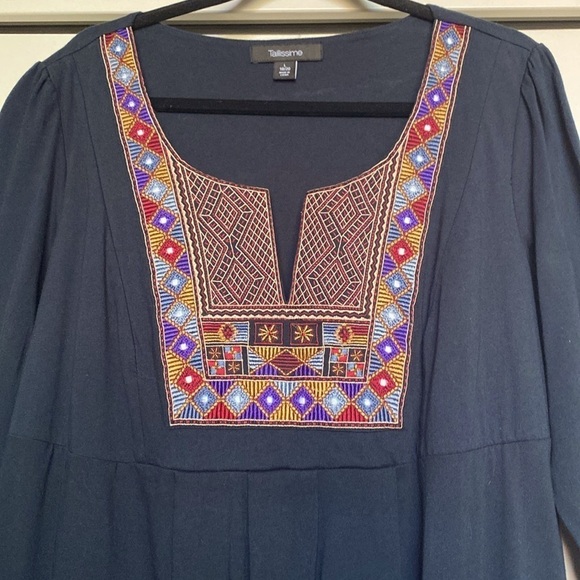 Tallissime Aztec print Embroidered dress Womens L Midi Black Cotton Artsy Boho - Picture 3 of 7